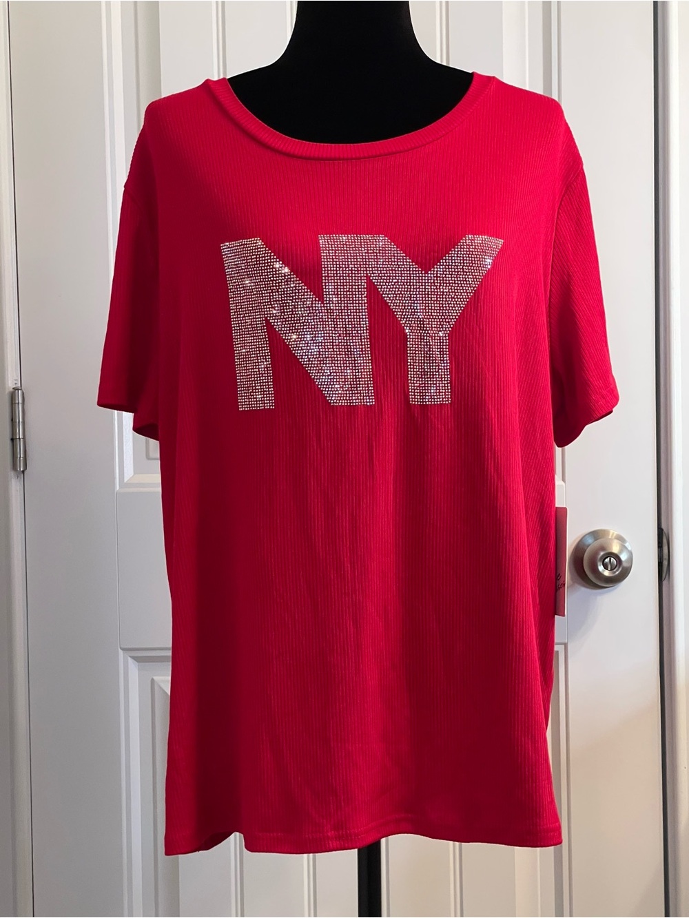 Free Kisses NY Short Sleeve Tee in Red and Rhinestones